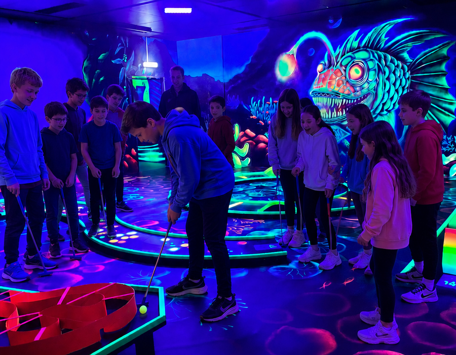Schulklasse beim Schwarzlicht-Minigolf in der Action Zone im Wollhouse Heilbronn