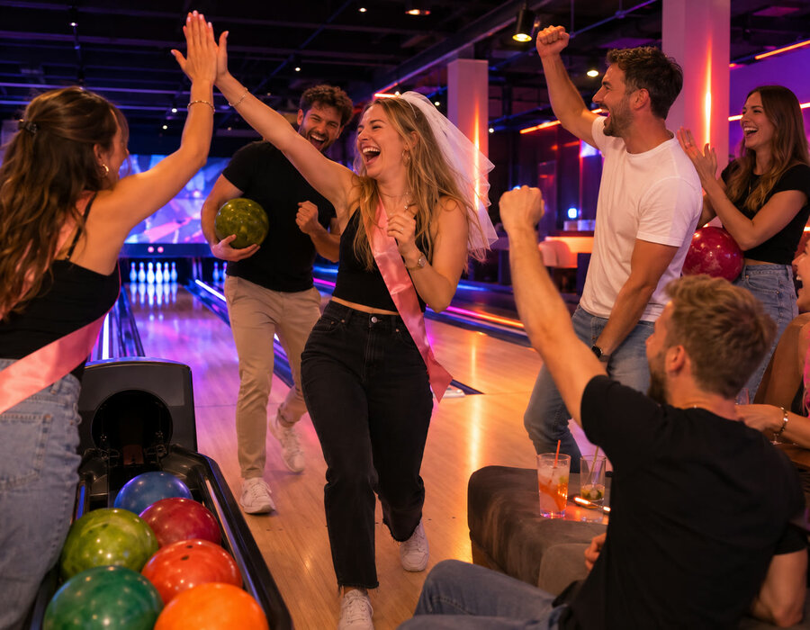 JGA-Gruppe beim Bowling in der Action Zone im Wollhouse Heilbronn